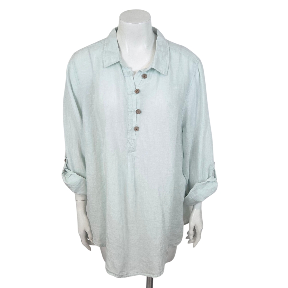 Sigrid Olsen Linen Blouse Womens Plus Size 2X Green Coastal Beachy Rolled Sleeve